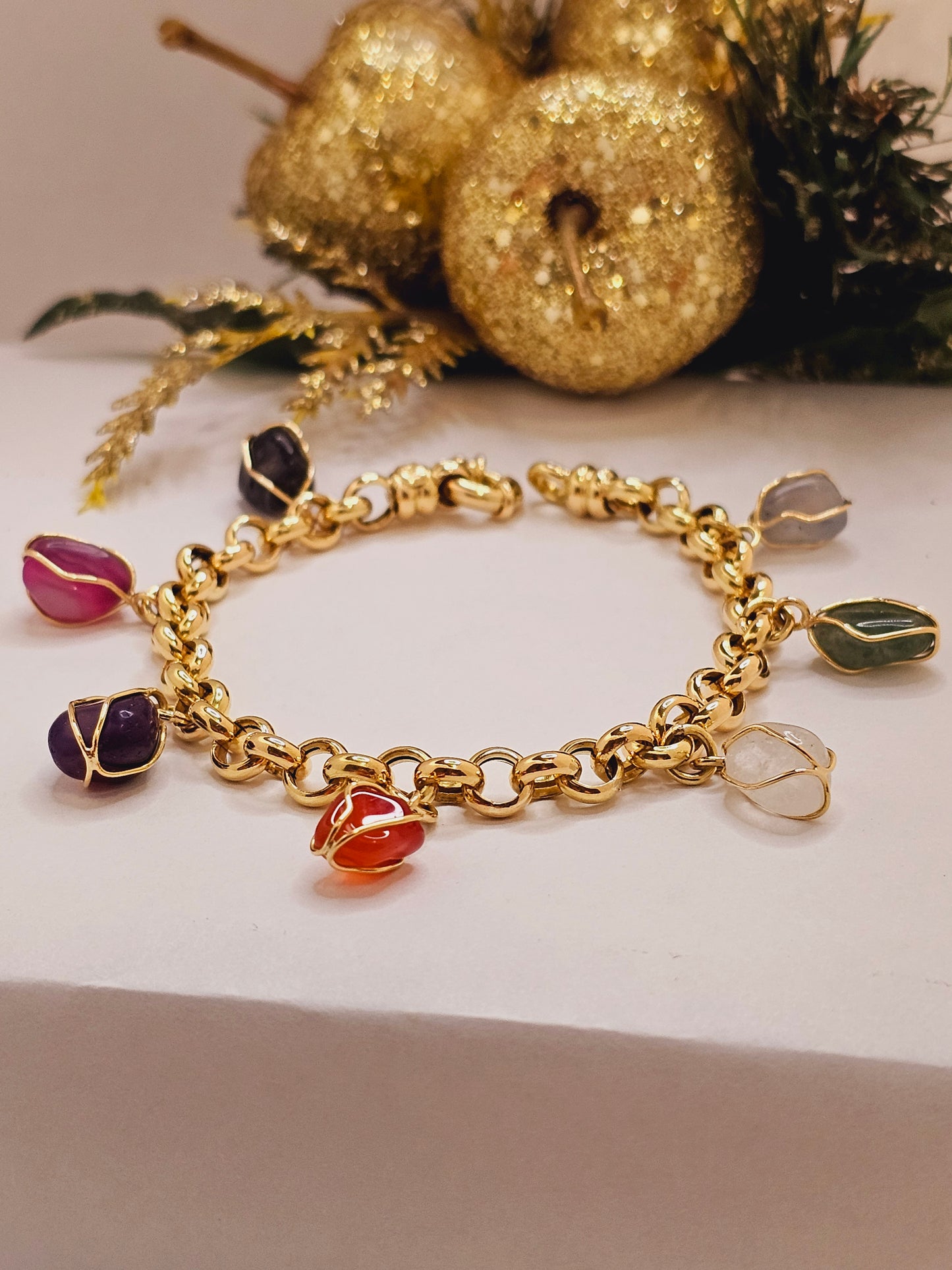 Bracelet gold solid 18k with7 stone natural " 7 Chacras"