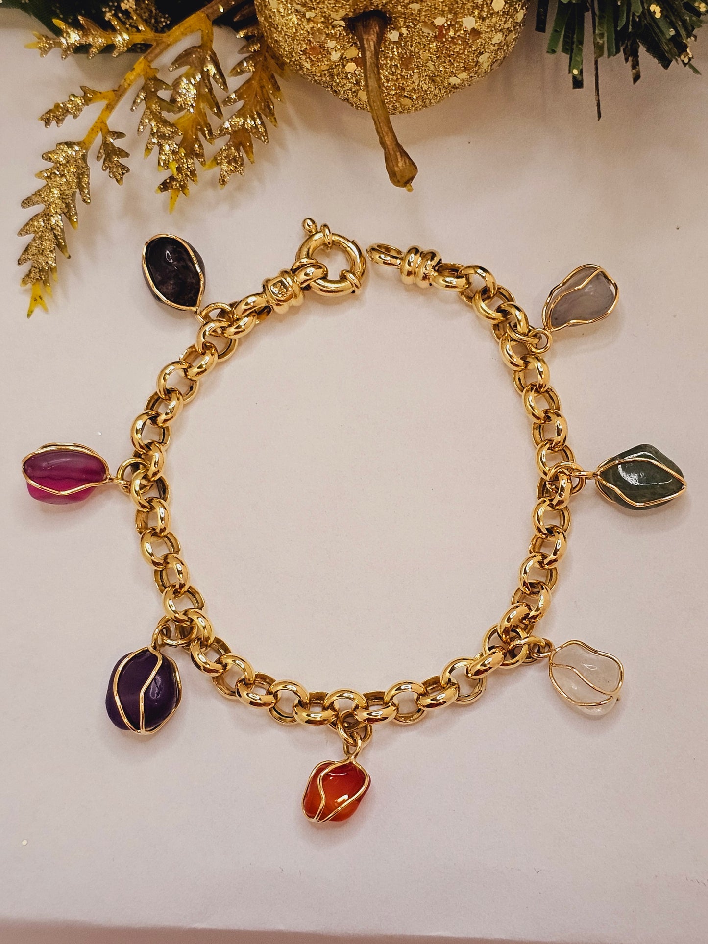 Bracelet gold solid 18k with7 stone natural " 7 Chacras"