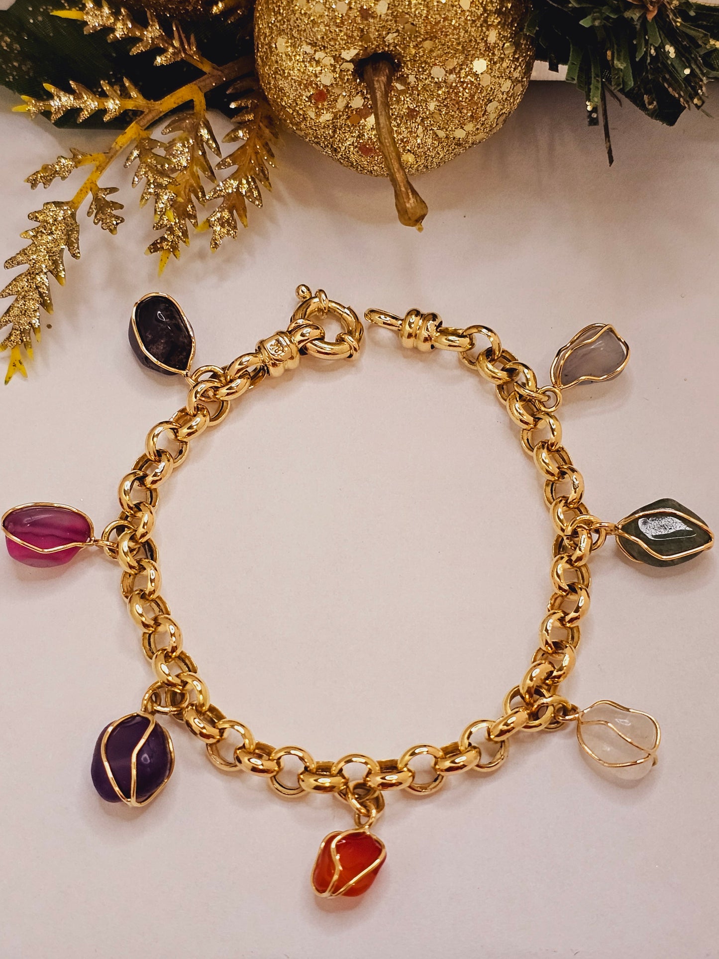 Bracelet gold solid 18k with7 stone natural " 7 Chacras"