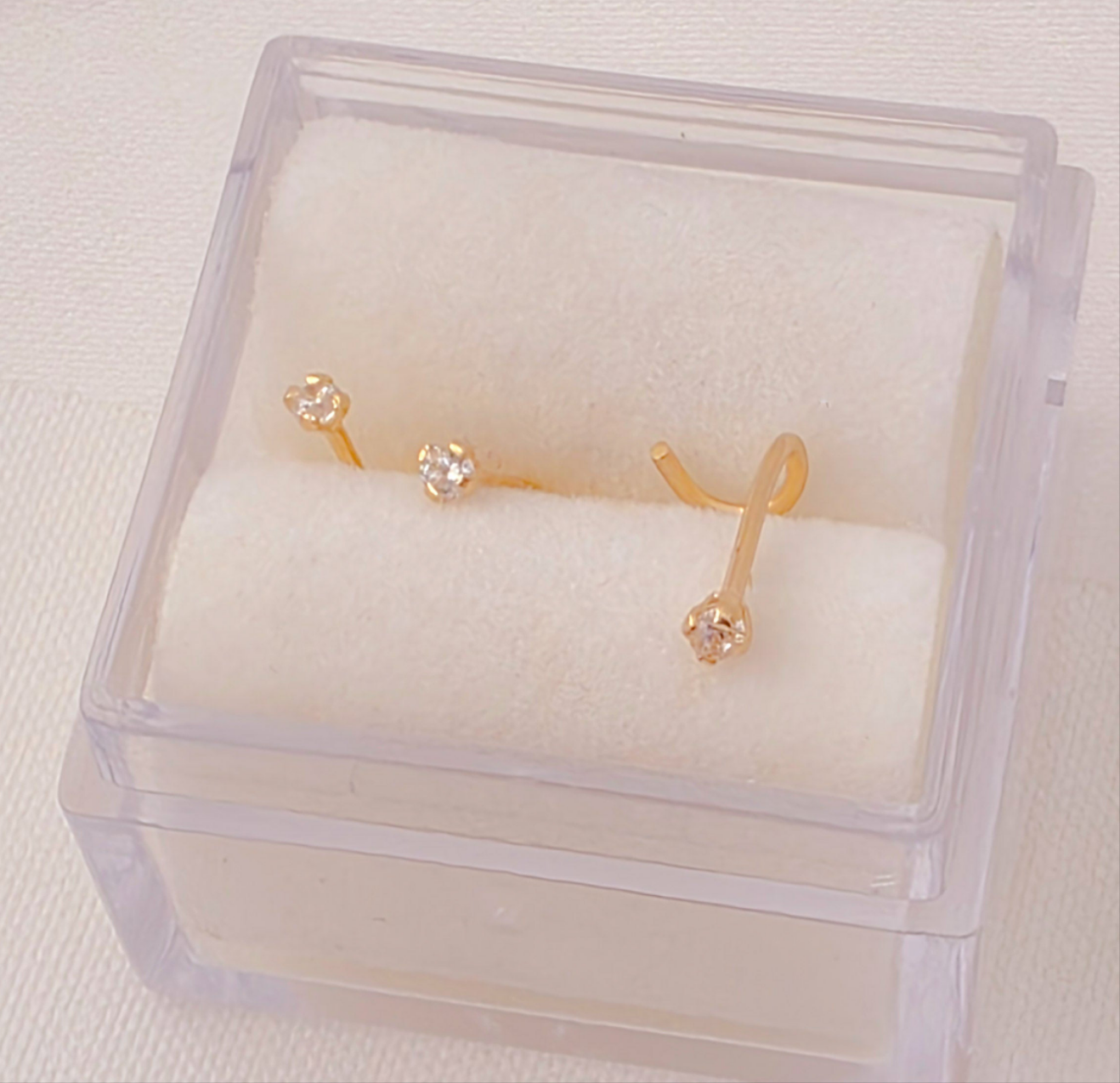Piercing 14k gold 1.5mm CZ nose ring, cuved backing