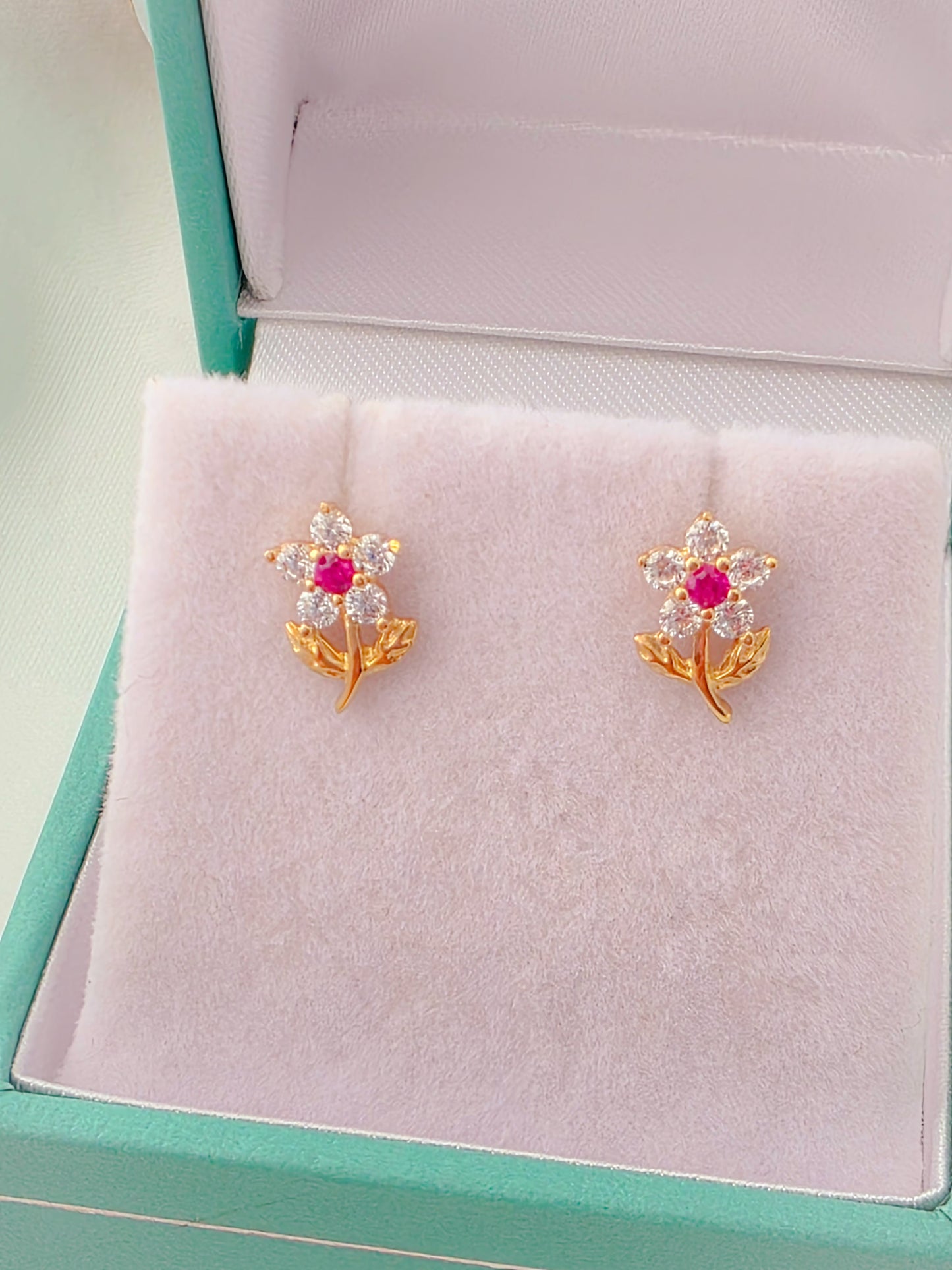 14K Gold Flower Baby Earrings with Ruby and Cubic Zirconia.