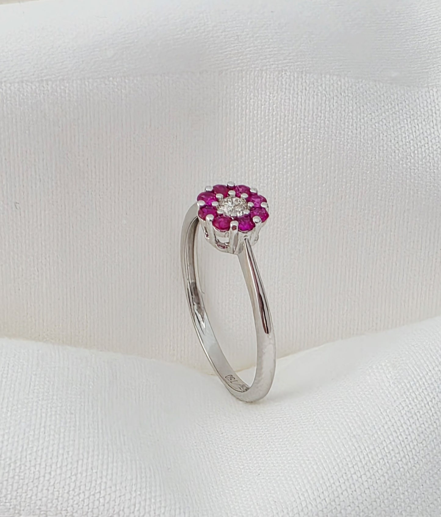 Ruby and Diamond Flower Cluster Ring 18k gold white