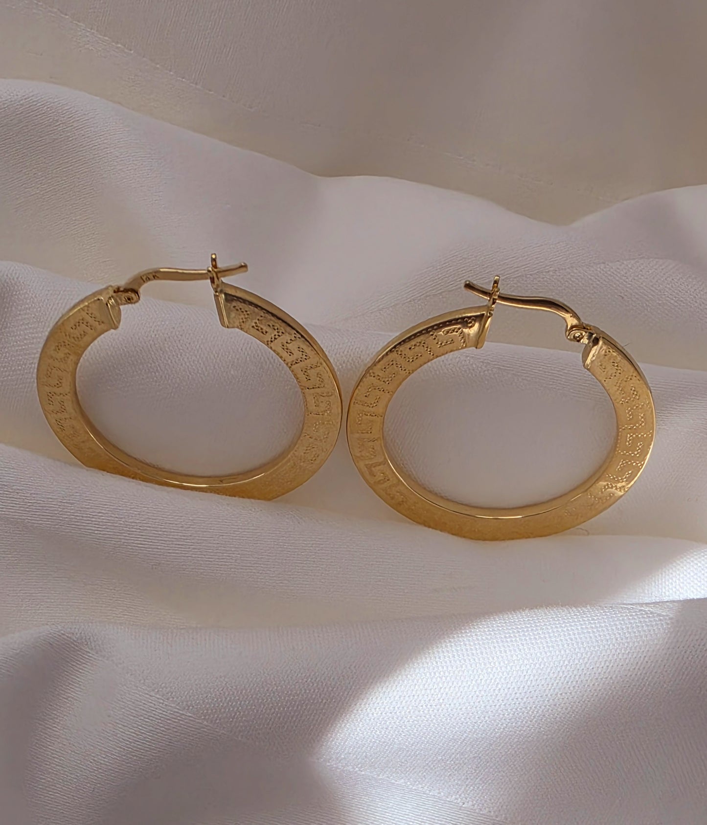 14k Gold Grecian Etched Hoop Earrings