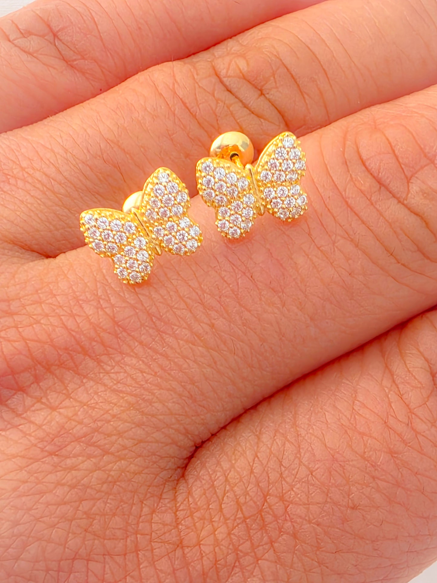 18k Gold Zirconia Butterfly Stud Earrings for Babies and Girls.