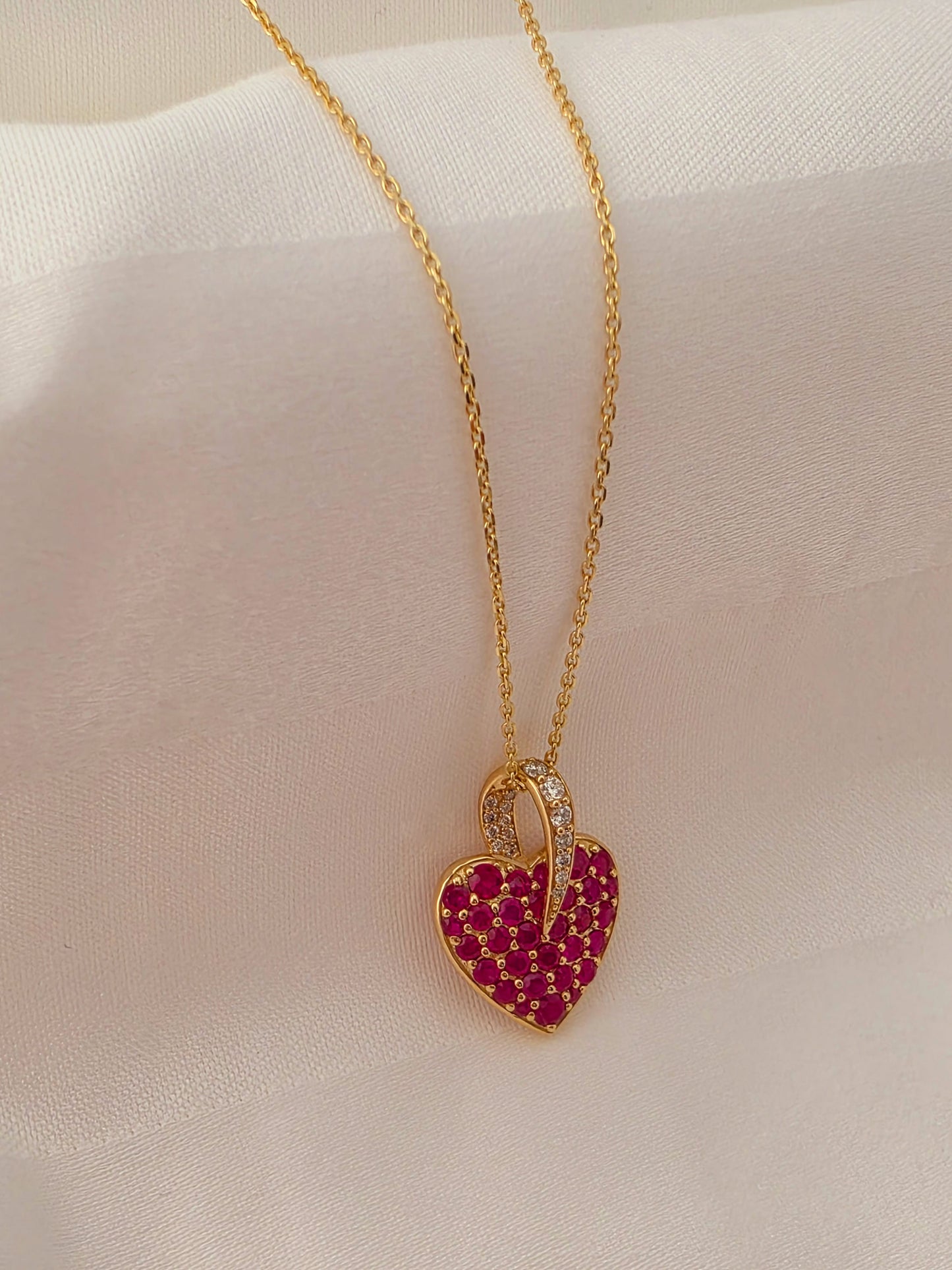 Ruby and Diamond Heart Pendant Necklace 14k gold
