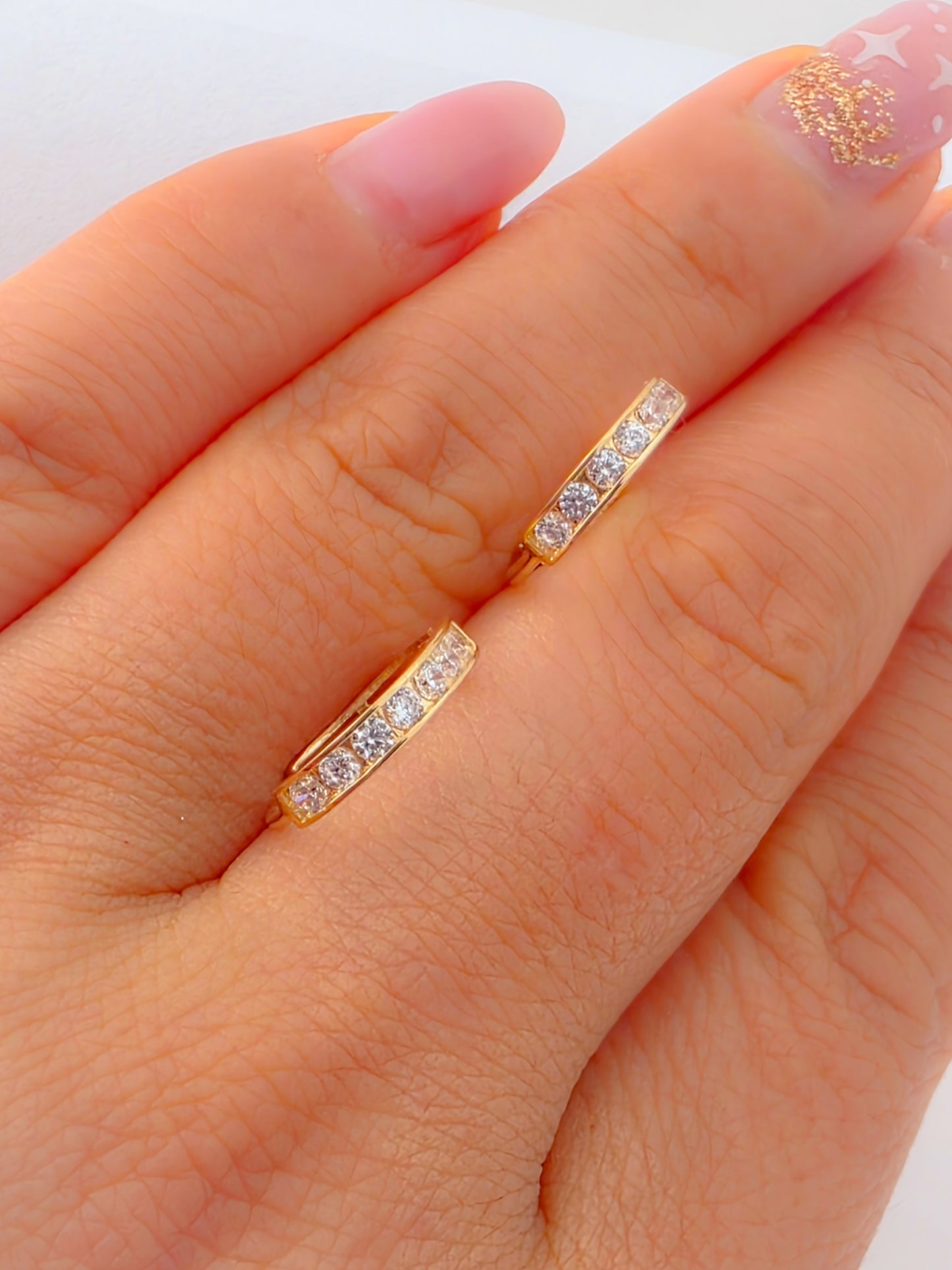 "Dainty Crystal Huggie Earrings" 14k gold with CZ