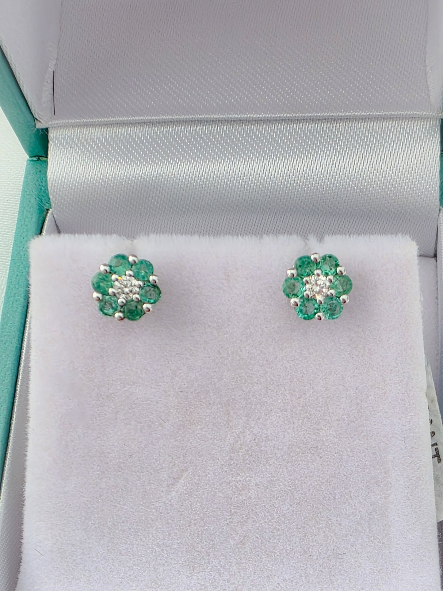 18K White Gold Emerald and Diamond Cluster Stud Earrings.