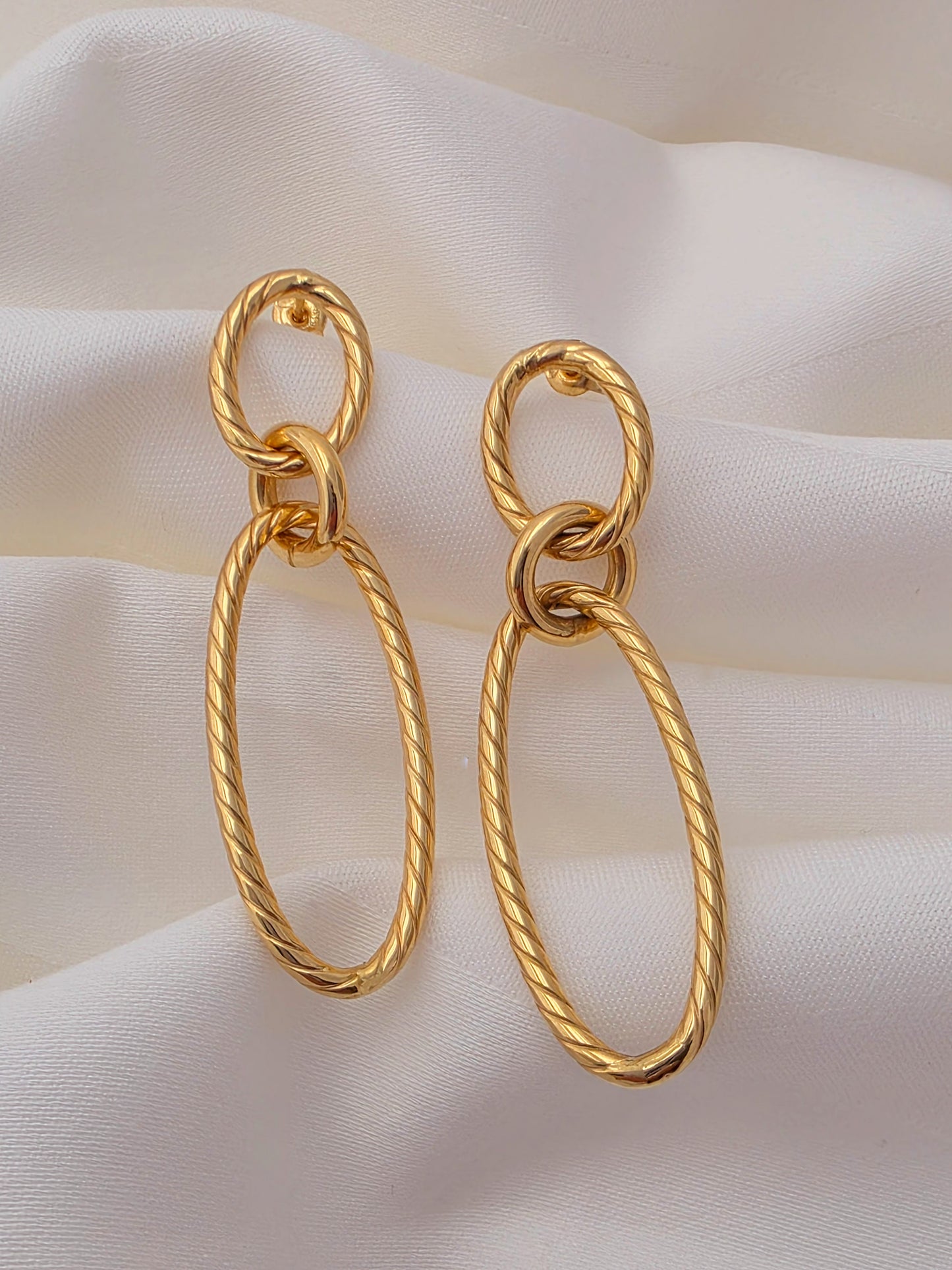 14k Gold Double Loop Twisted Drop Earrings