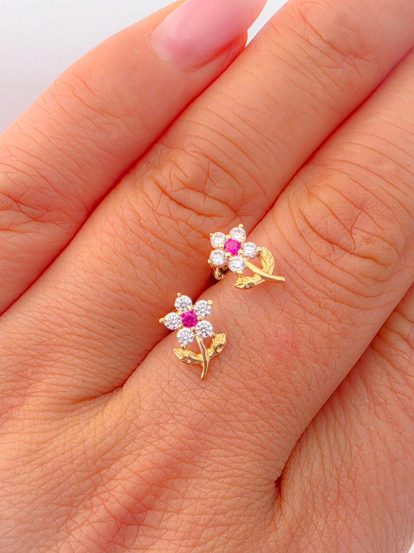 14K Gold Flower Baby Earrings with Ruby and Cubic Zirconia.