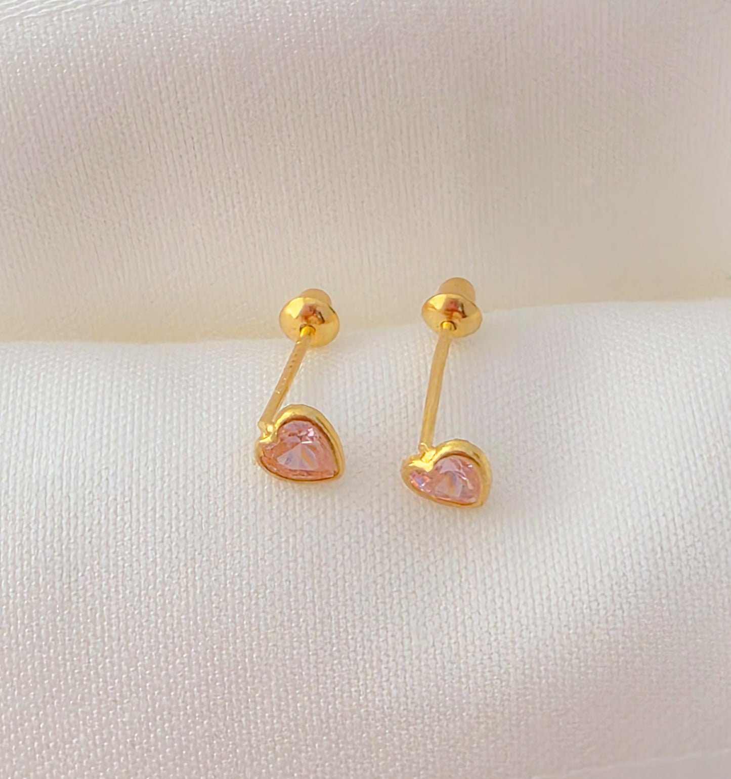 18k Gold Pink Zirconia Heart Stud Earrings for Babies.