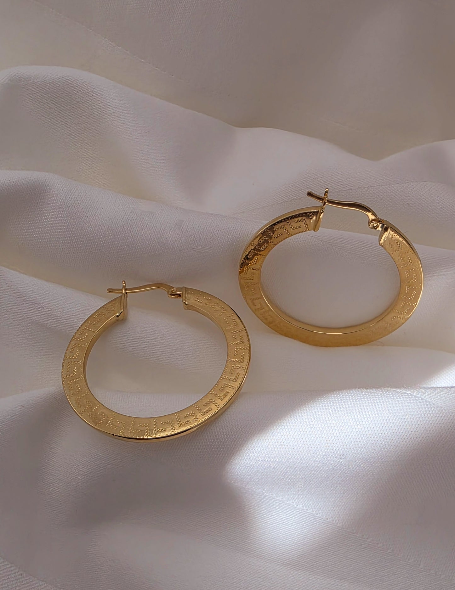 14k Gold Grecian Etched Hoop Earrings