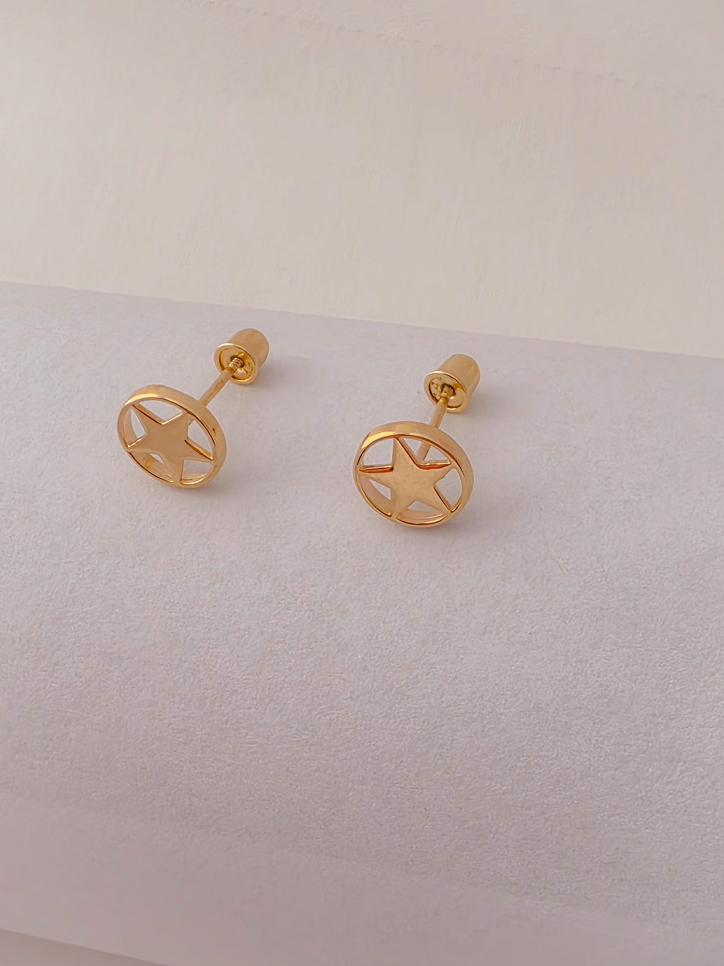 14K Gold Star Circle Baby Earrings.