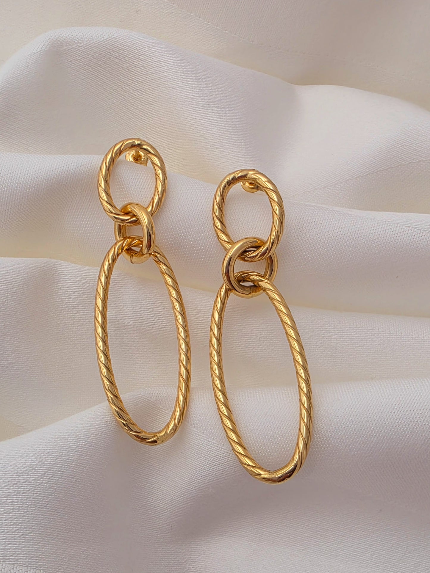 14k Gold Double Loop Twisted Drop Earrings