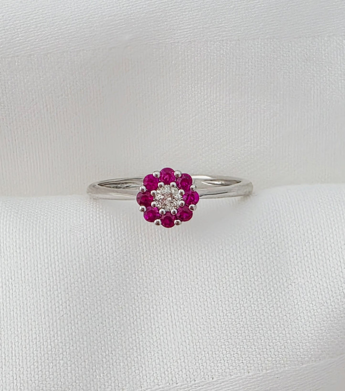 Ruby and Diamond Flower Cluster Ring 18k gold white