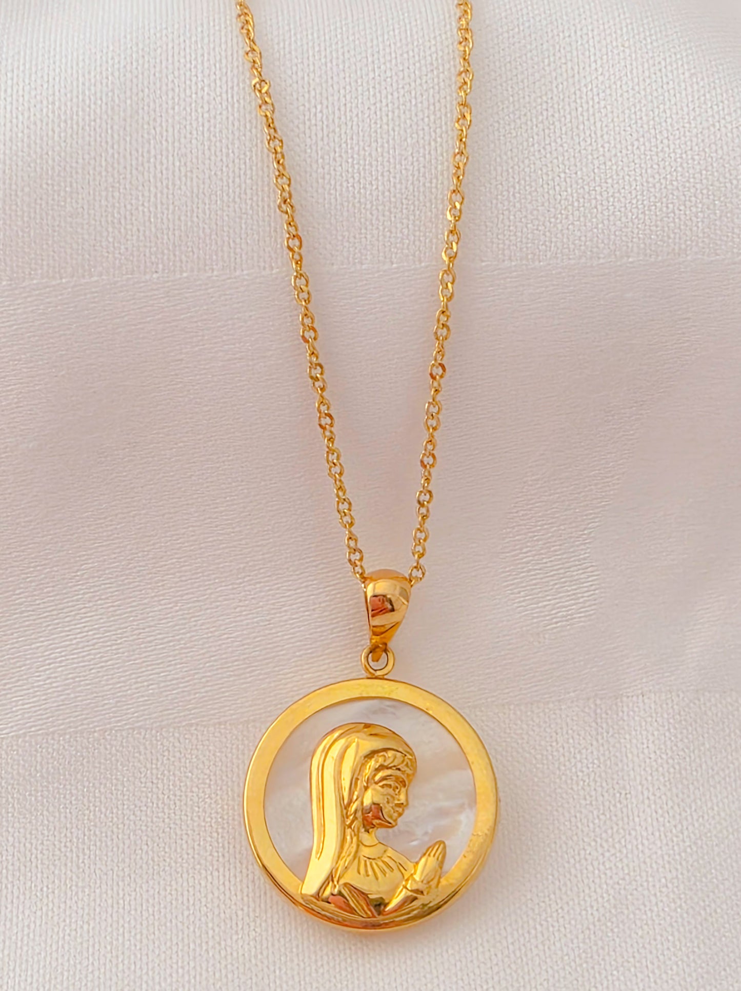 18k Gold with Mother of Pearl Religioso Pendant.