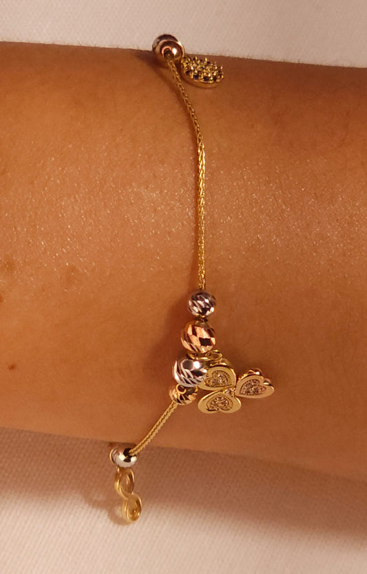Pulsera de la suerte con trebol, Infinito y Ojo Turco en 3 tonos de Oro.