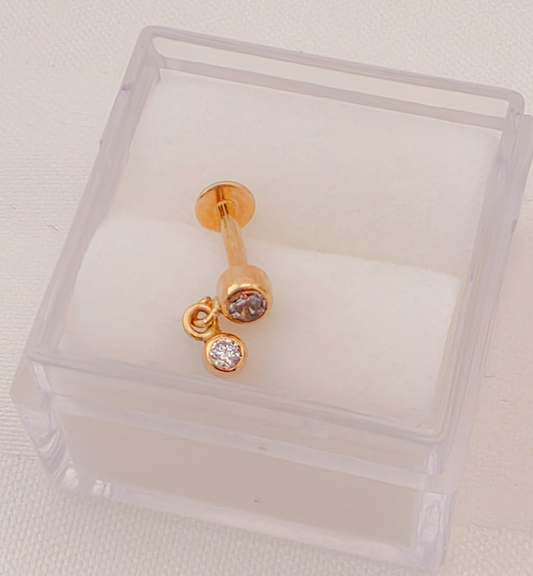 Bezel with hanging Bezel CZ cartilage  piercing 14k gold