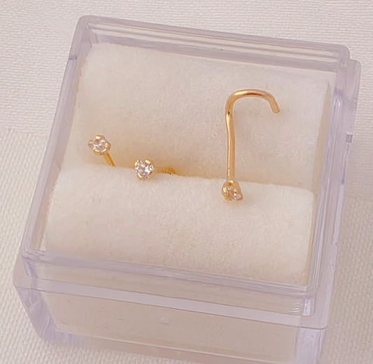 Piercing 14k gold 1.5mm CZ nose ring, cuved backing