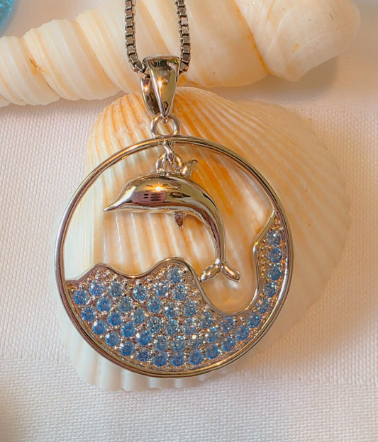 Silver 925 Dolphin in Wave Aqua Pendant