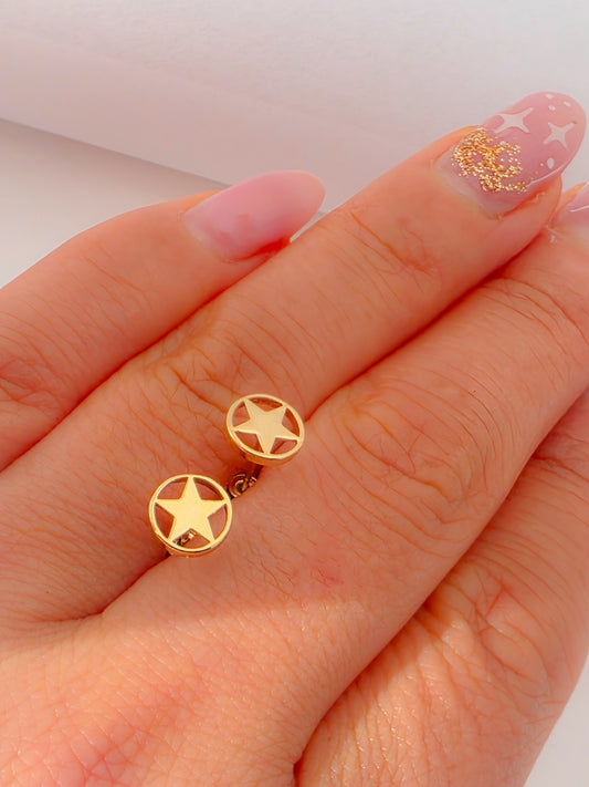 14K Gold Star Circle Baby Earrings.