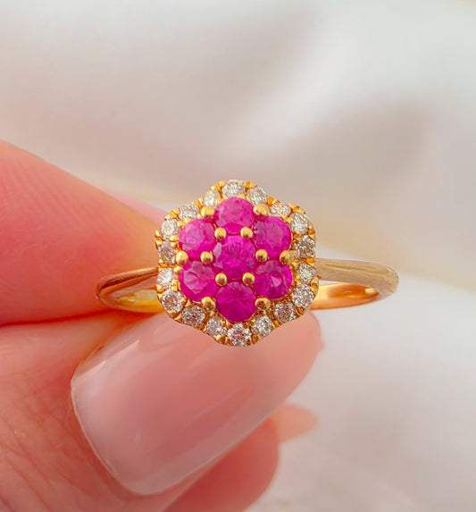 Ruby Blossom Ring, 18k gold with stone natural Ruby and Diamond