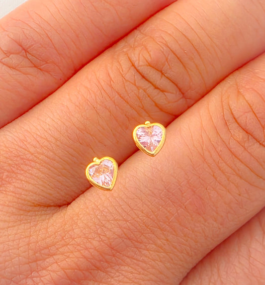 18k Gold Pink Zirconia Heart Stud Earrings for Babies.