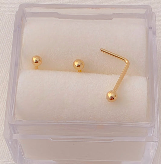 Piercing 2mm ball nose ring,L backing, 14k gold
