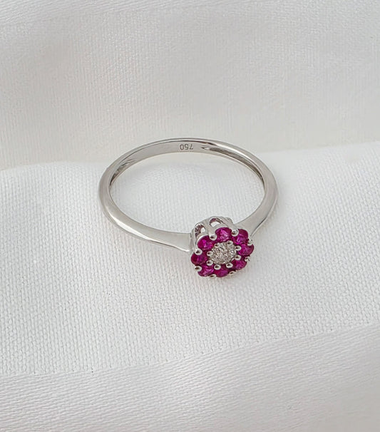 Ruby and Diamond Flower Cluster Ring 18k gold white