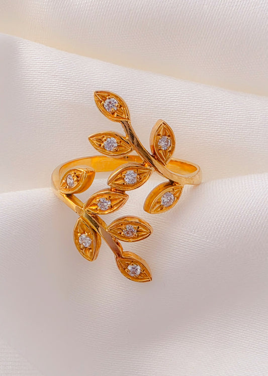 Olive leaves Gold 18k  Ring with Crystal stones.