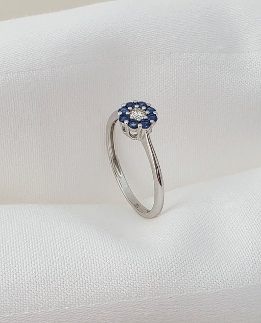 Sapphire and Diamond Flower Cluster Ring 18k gold white
