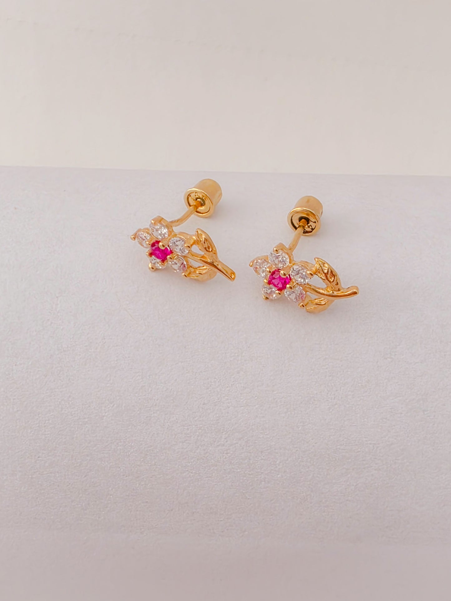 14K Gold Flower Baby Earrings with Ruby and Cubic Zirconia.