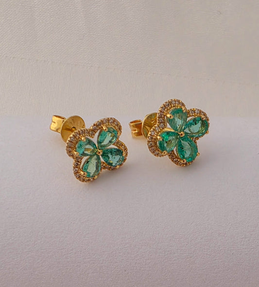 Emerald and Diamond Floral Stud Earrings, 18k gold
