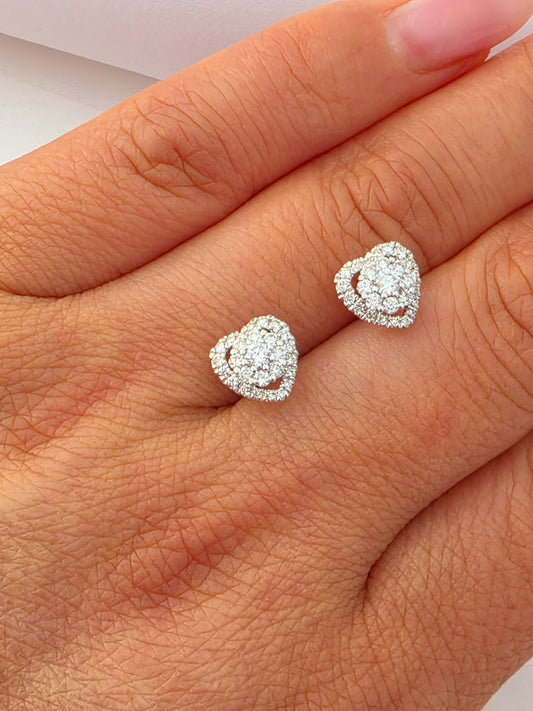 18k White Gold Diamond Heart Cluster Stud Earrings.