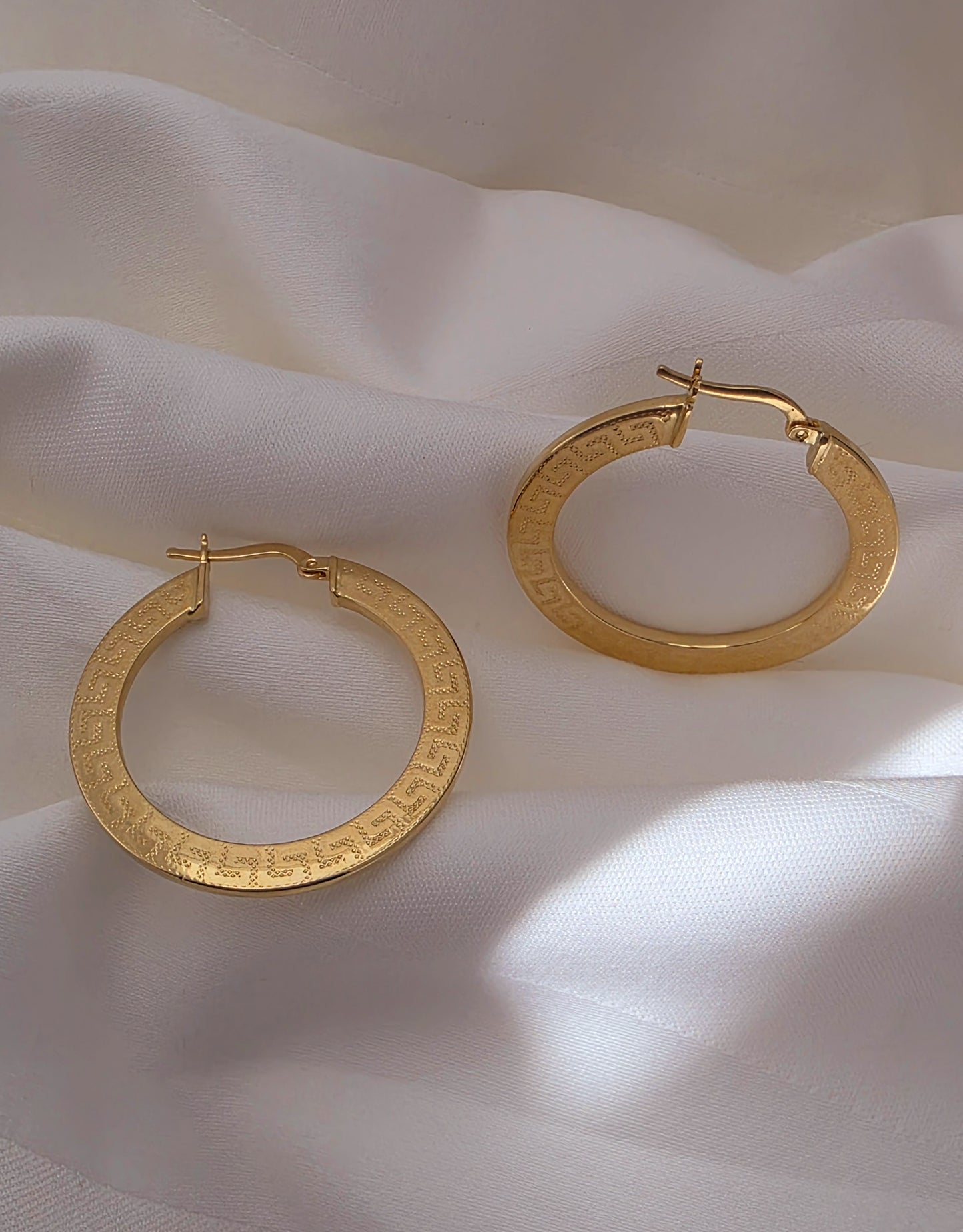 14k Gold Grecian Etched Hoop Earrings