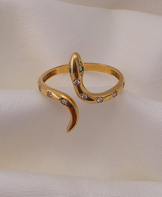 Snake Gold Ring with Crystals.