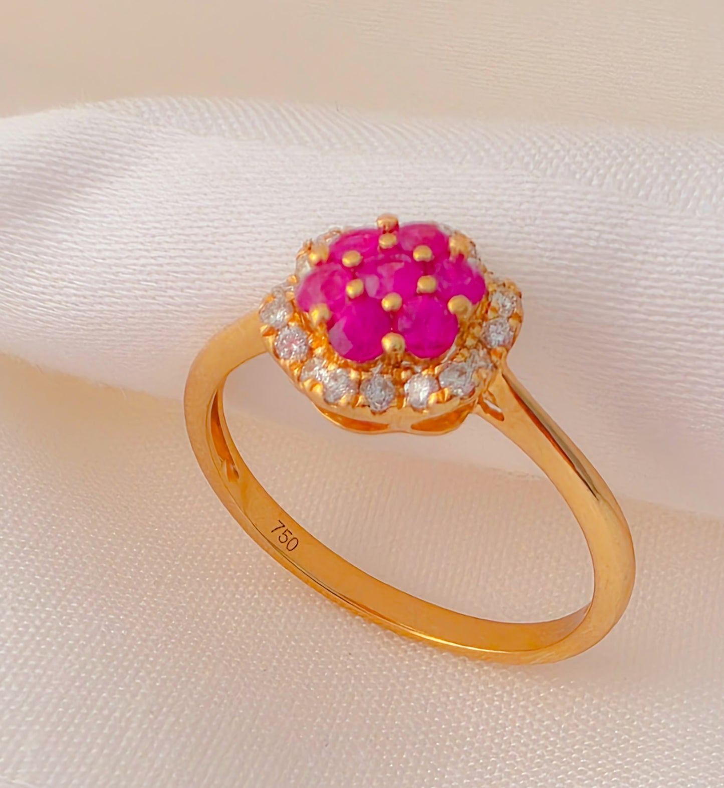 Ruby Blossom Ring, 18k gold with stone natural Ruby and Diamond